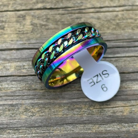 Multi Color Ring Fashion Unisex Ring Chain Style Men Women Rings Size 9 - Picture 6 of 10